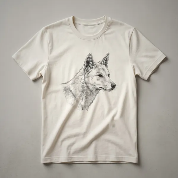 A vintage dingo drawing graphic t-shirt in black and white, showing a dingo in profile with artistic linework.