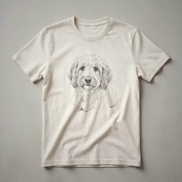 White graphic t-shirt with a vintage-style drawing of two Poodles in profile, facing left, with a distressed texture.