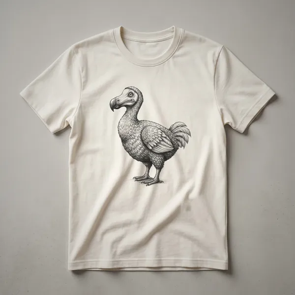 A black ink vintage illustration of a dodo bird in profile, printed on a white t-shirt.