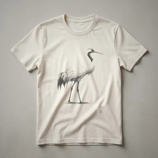Black and white vintage crane drawing graphic t-shirt, featuring a single crane in a line art style.