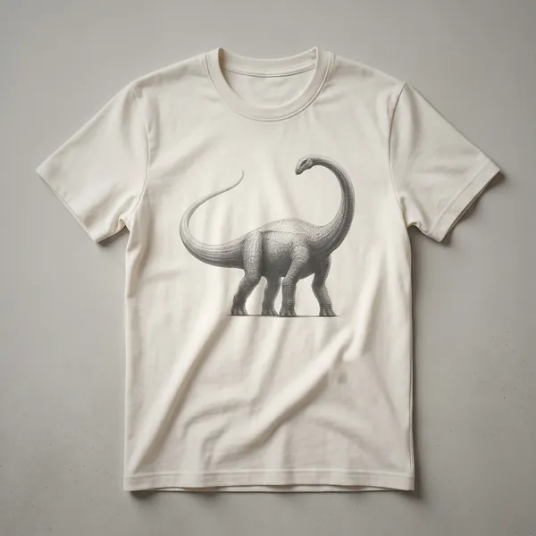 Black and white line drawing of a Diplodocus dinosaur with its long neck and tail, depicted in a vintage art style on a t-shirt.