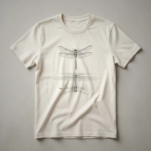 Black ink sketch of a dragonfly on a white t-shirt, showcasing intricate wing details and body.