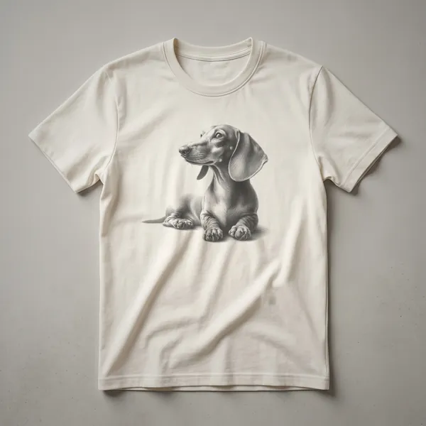 A black and white line drawing of a Dachshund sitting in a relaxed pose, featured on a t-shirt.