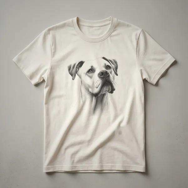 A black graphic t-shirt featuring a vintage-style line drawing of a Dogo Argentino dog.