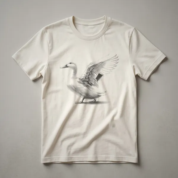 Black and white vintage sketch of a duck in profile, displayed on a white t-shirt, showcasing fine artistic detail.