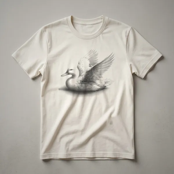 A light-colored t-shirt featuring a vintage black ink line drawing of a duck in profile, presented as a graphic art design.
