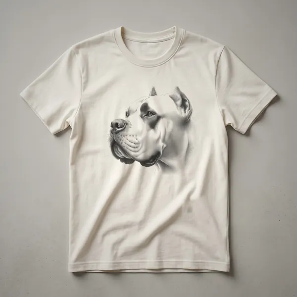A white t-shirt featuring a black sketch of a Dogo Argentino dog in profile, with the sketch art style giving it a vintage appearance.