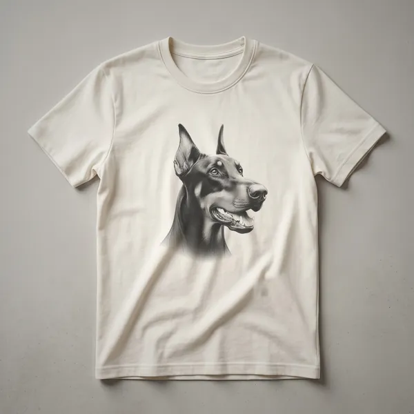 Black and white vintage line drawing of a Doberman Pinscher head in profile on a t-shirt.