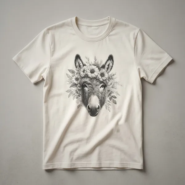White graphic t-shirt with a vintage drawing of a donkey's face surrounded by flowers in shades of brown, green, and pink.