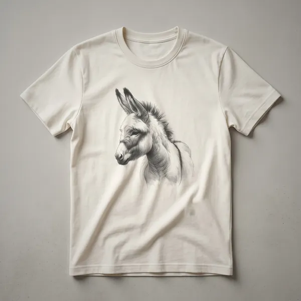 A black and white vintage donkey line drawing graphic t-shirt, showcasing the animal's profile with intricate linework against a plain background.