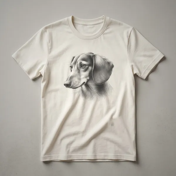 A black t-shirt featuring a vintage line drawing of a Dachshund's face with its long snout and ears.