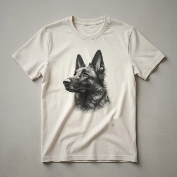 A white t-shirt featuring a black vintage line drawing of a Dutch Shepherd dog in profile.