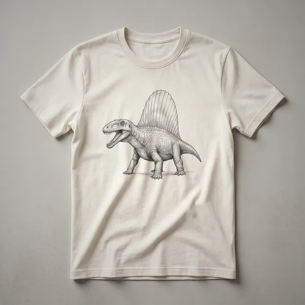 A vintage-style black line drawing of a Dimetrodon, a prehistoric synapsid with a large dorsal sail, printed on a white t-shirt.