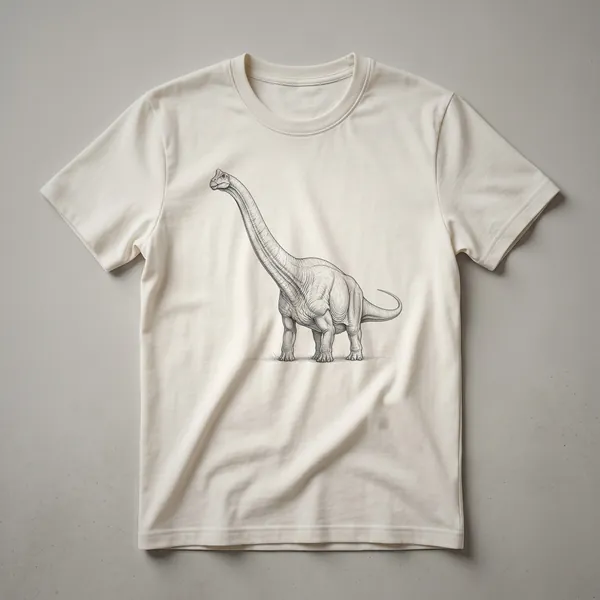 A black and white vintage line drawing of a Dreadnoughtus dinosaur on a white t-shirt, showcasing its long neck and tail in a classic artistic style.