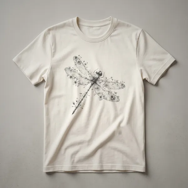 White graphic t-shirt featuring a vintage-style drawing of a dragonfly with detailed wings, surrounded by stylized flowers and leaves.