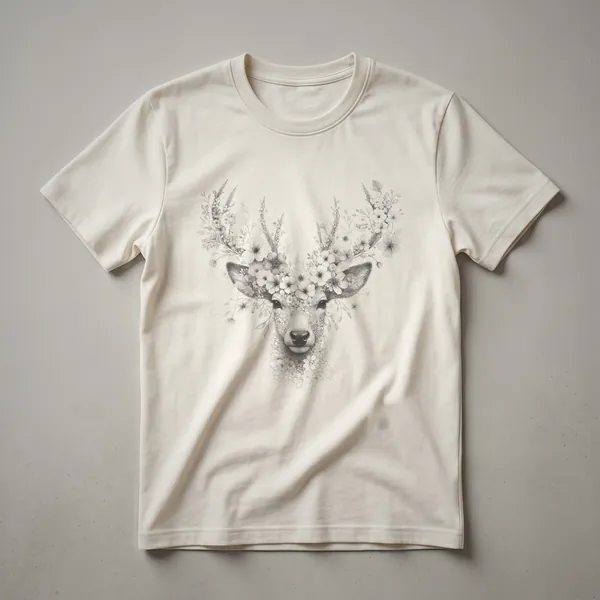 A white t-shirt featuring a black line drawing of a deer's face surrounded by flowers, with a vintage art style.
