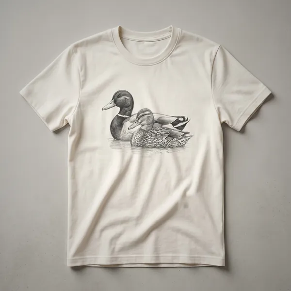 A white t-shirt with a black vintage line drawing of two mallard ducks in profile, showcasing their distinct features.