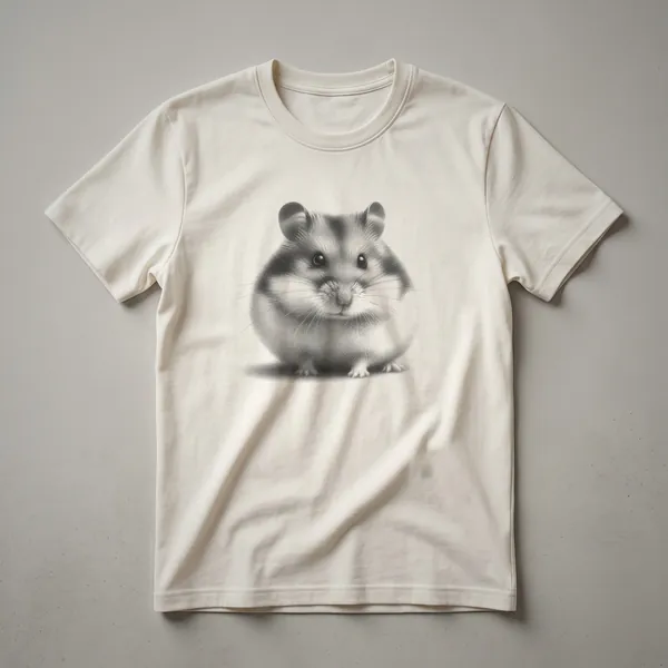 A vintage-style drawing of a dwarf hamster on a white t-shirt, showcasing its detailed fur texture and small, alert posture.