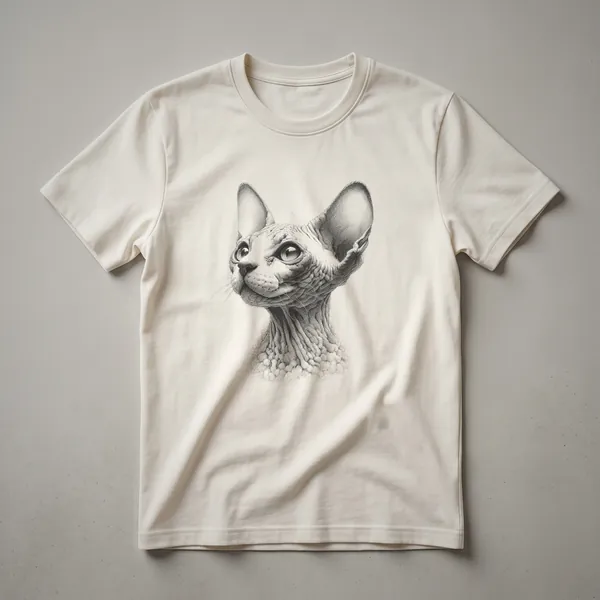 A black graphic t-shirt featuring a vintage-style line drawing of a Devon Rex cat with large ears and a slender body.