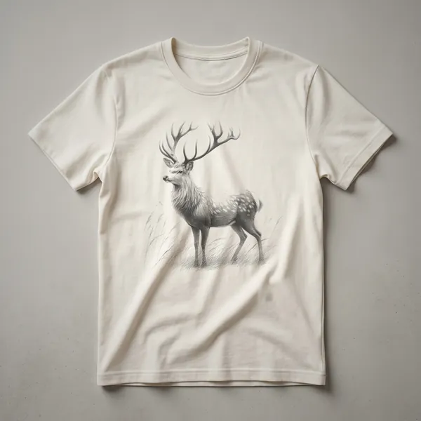 Black and white vintage line drawing of a deer's head on a white t-shirt, showcasing intricate detail.