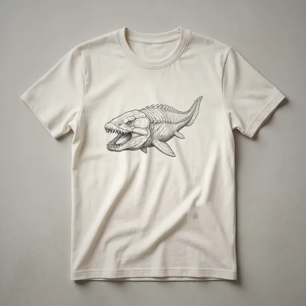 A vintage-style drawing of a Dunkleosteus, an ancient armored fish, printed on a dark heather grey t-shirt.