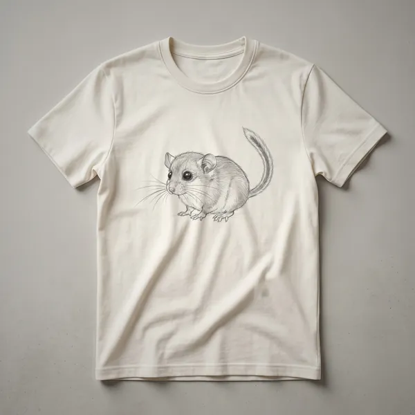 A vintage dormouse drawing graphic t-shirt in black ink on a white shirt, showcasing the delicate details of the small mammal.
