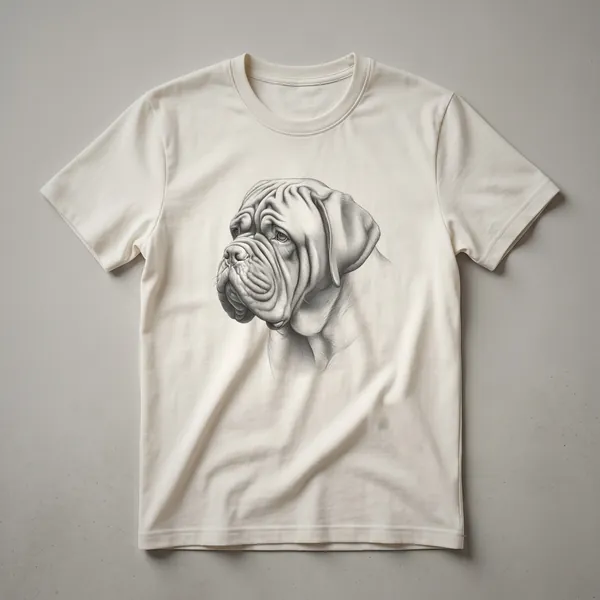 Black line drawing of a Dogue de Bordeaux dog's head with detailed features, on a white t-shirt.