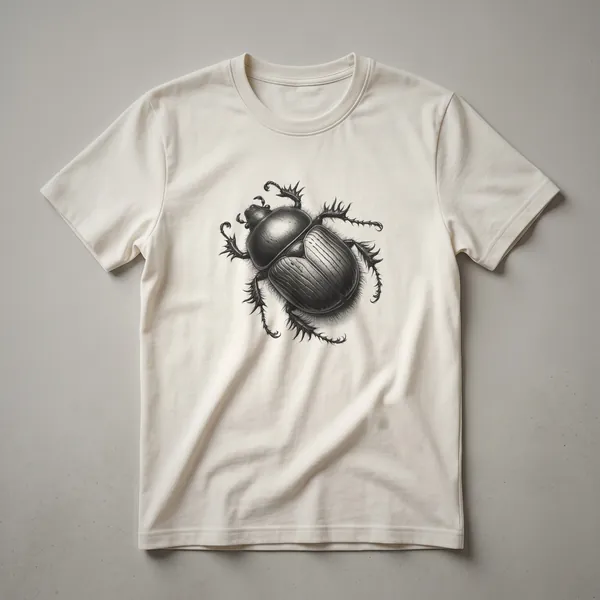 A vintage-style line drawing of a dung beetle on a black t-shirt, showcasing intricate details of its body and legs.