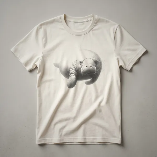 A vintage-style black and white line drawing of a dugong swimming, depicted on a white t-shirt.