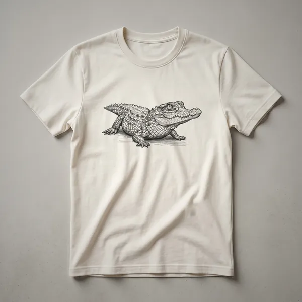 A vintage drawing of a dwarf crocodile on a black t-shirt, showcasing intricate details of its scales and snout.