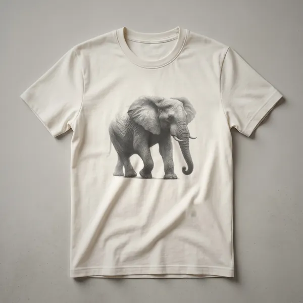 Black and white vintage drawing of an elephant's head on a white t-shirt, showcasing intricate line art details.