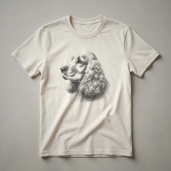 Black and white vintage line drawing of an English Cocker Spaniel face on a t-shirt.