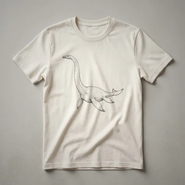 A vintage-style line drawing of an Elasmosaurus, a long-necked marine reptile, printed on a dark heather grey t-shirt.