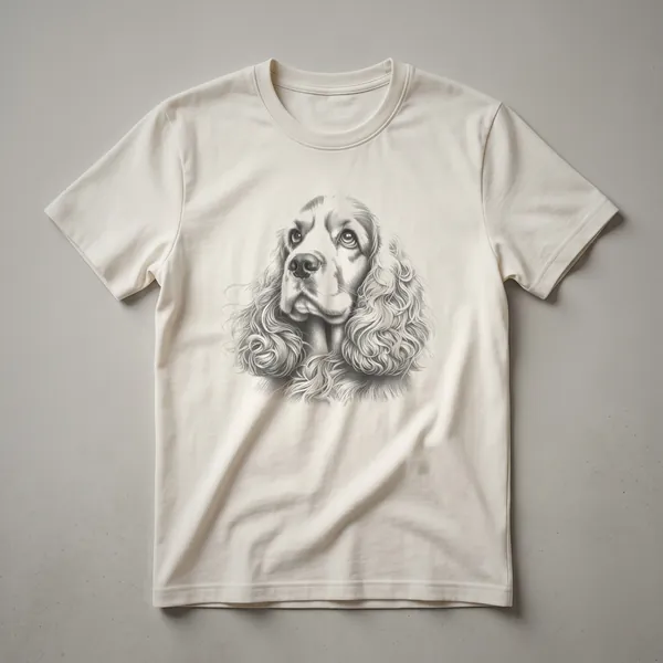 A black t-shirt featuring a vintage line drawing of an English Cocker Spaniel dog in profile.