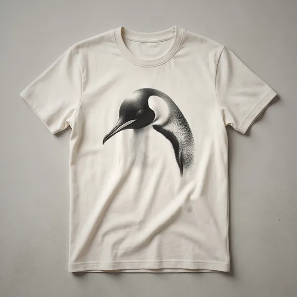 A black and white vintage line drawing of an Emperor Penguin standing upright, printed on a white t-shirt.