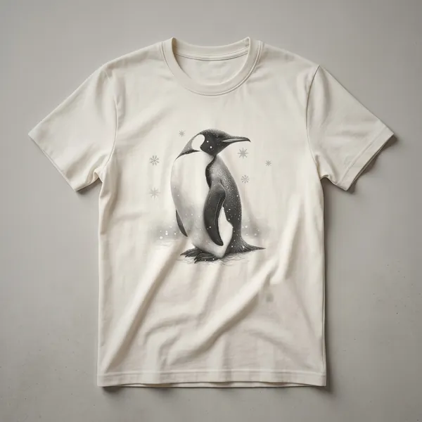 A black graphic t-shirt with a vintage sketch drawing of an emperor penguin in profile.