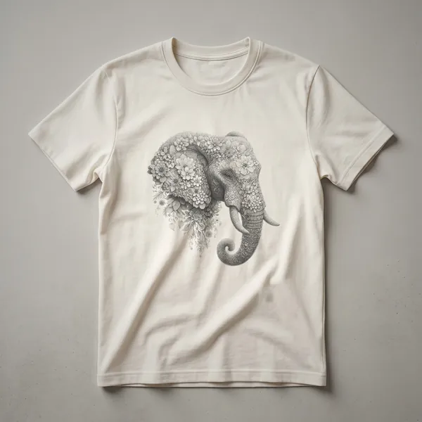 A black and white graphic t-shirt featuring a vintage sketch of an elephant's head adorned with floral elements, suitable for wildlife enthusiasts.