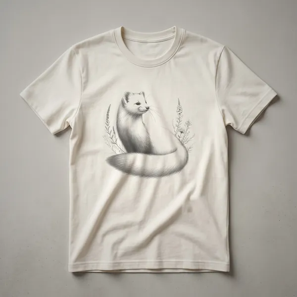 Black and white vintage sketch of an ermine in profile, facing left, printed on a black t-shirt.
