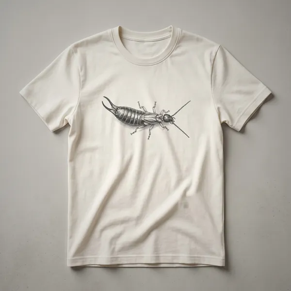 Black and white graphic t-shirt featuring a vintage illustration of an earwig insect with visible antennae and cerci.