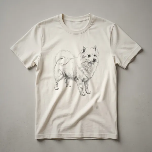 A vintage line drawing of an American Eskimo Dog's face is printed on a white t-shirt.