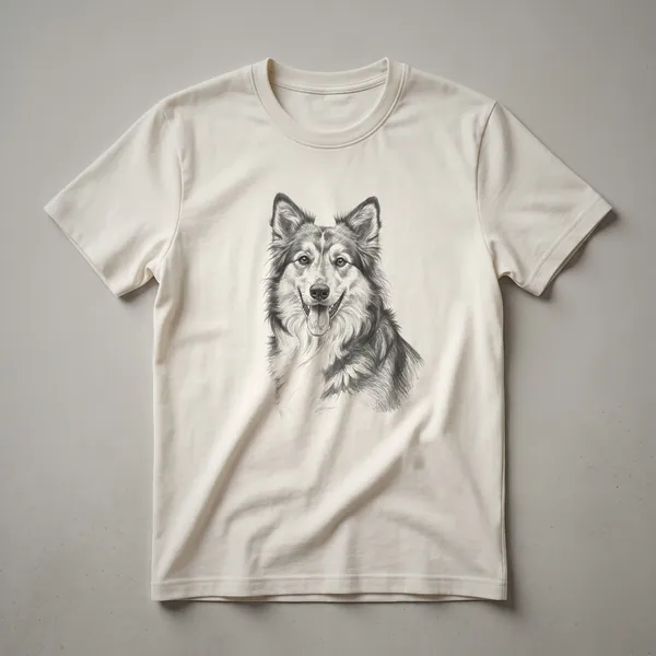 White graphic t-shirt featuring a vintage black and white drawing of an English Shepherd dog in profile.