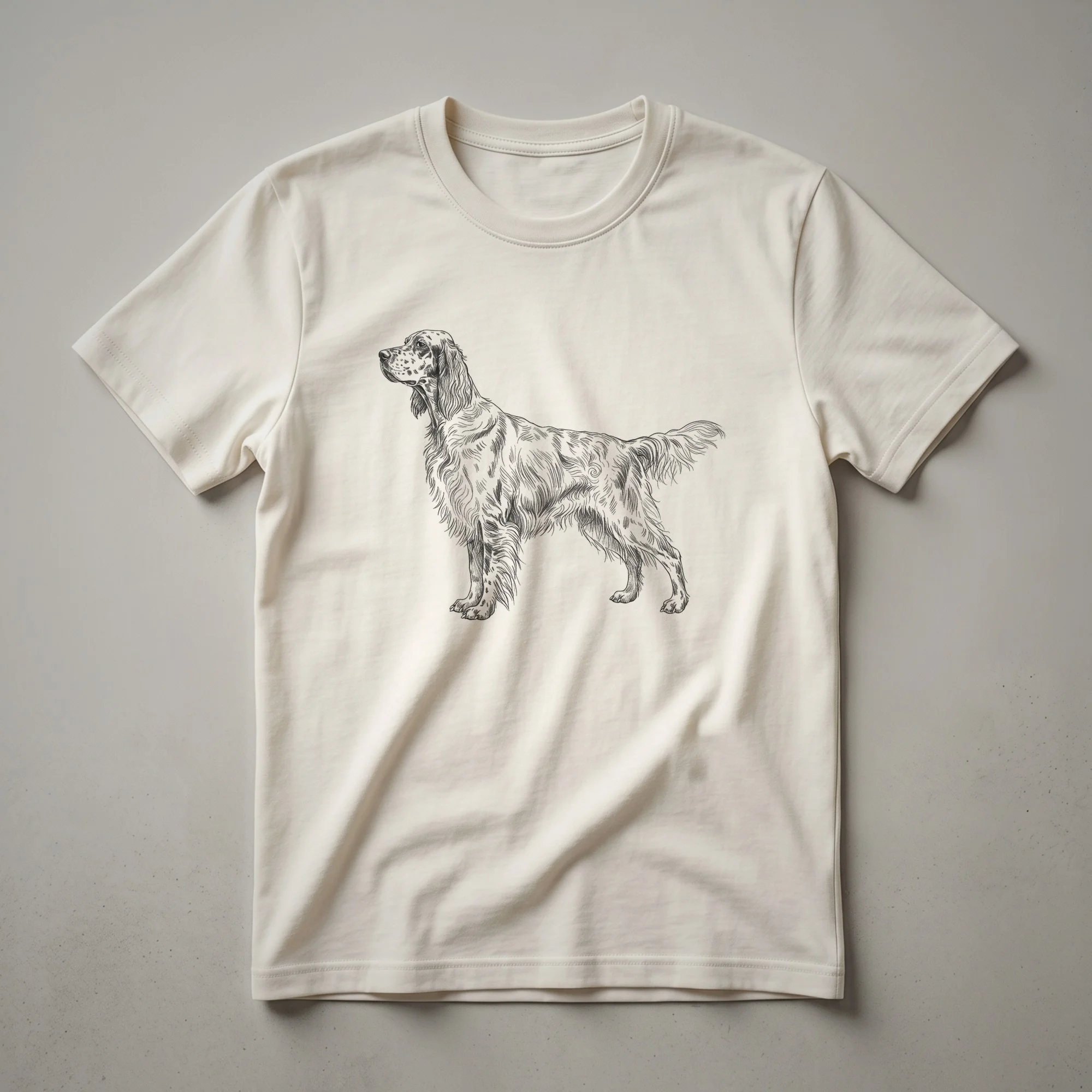 A white t-shirt with a black vintage line drawing of an English Setter dog in profile.