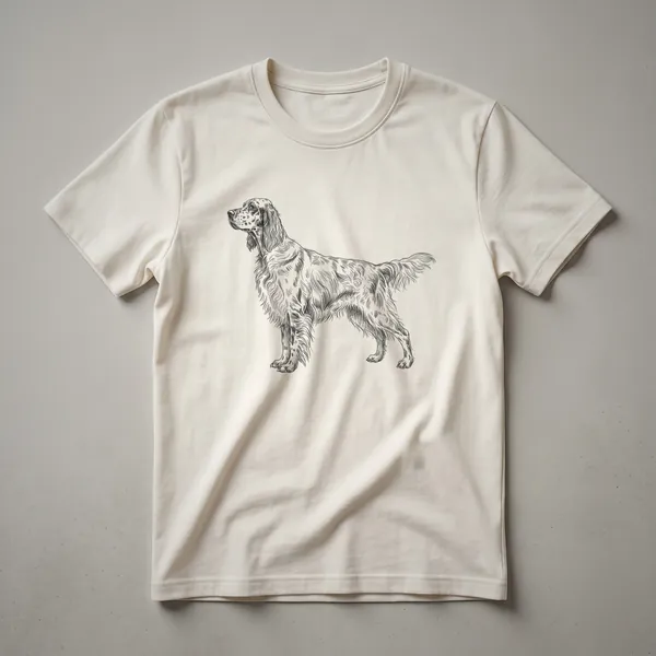 A white t-shirt with a black vintage line drawing of an English Setter dog in profile.