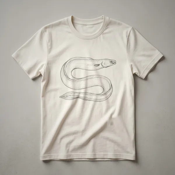 A black vintage-style line drawing of an eel with detailed scales and fins, presented on a white t-shirt.
