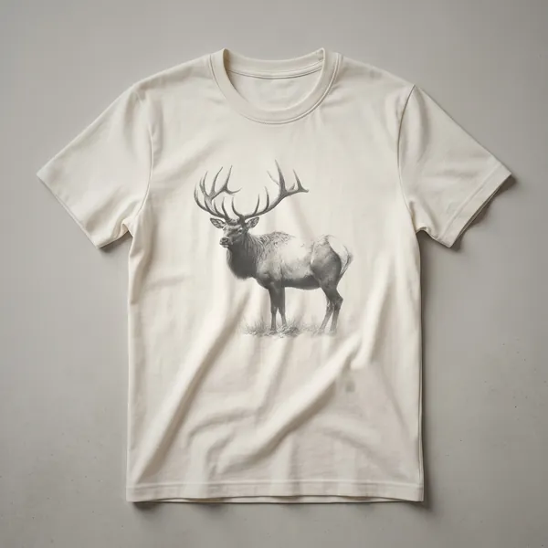 A black and white vintage line drawing of an elk's head and antlers is printed on the front of a white t-shirt.