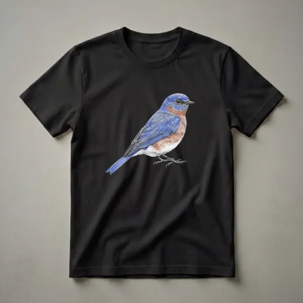 Black t-shirt featuring a detailed colored pencil drawing of an Eastern Bluebird with blue wings and back, orange breast, and white belly.