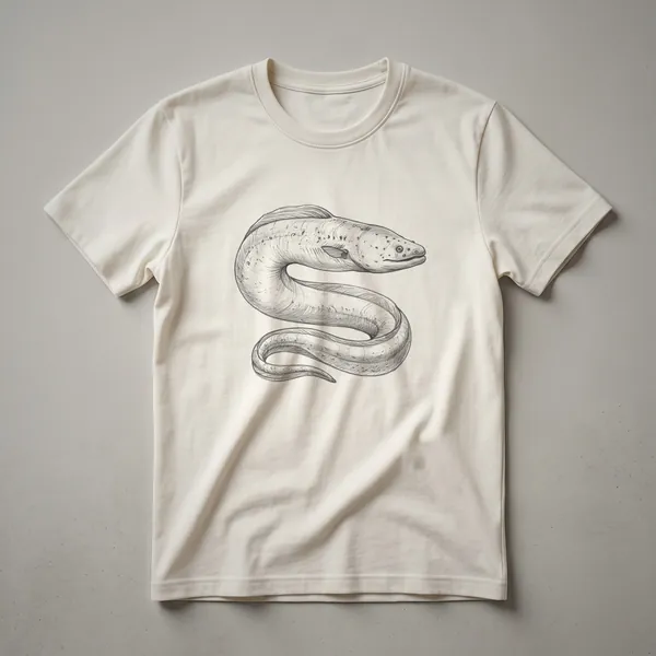 A black t-shirt featuring a white line drawing of an electric eel, showcasing its serpentine body and fins.