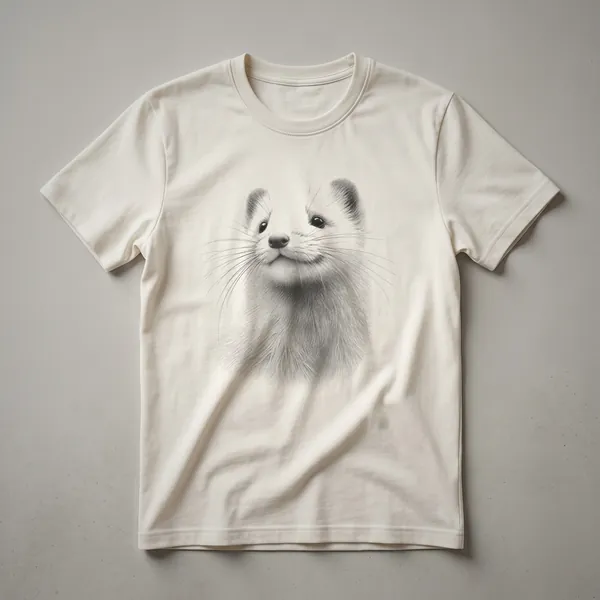 Black and white vintage drawing of an ermine in profile on a plain background, featured on a t-shirt.