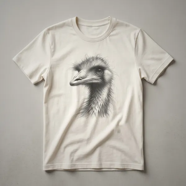 A black vintage-style line drawing of an emu bird in profile, shown on a white t-shirt with detailed linework.