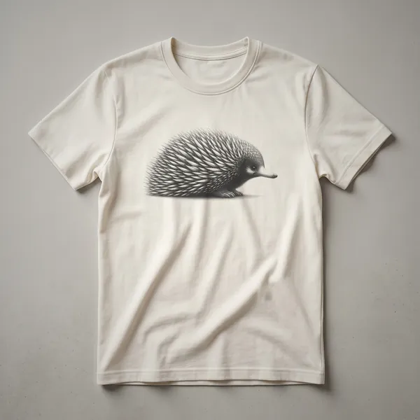 A vintage-style black and white line drawing of an echidna on a white t-shirt, showcasing its spiny texture and long snout.